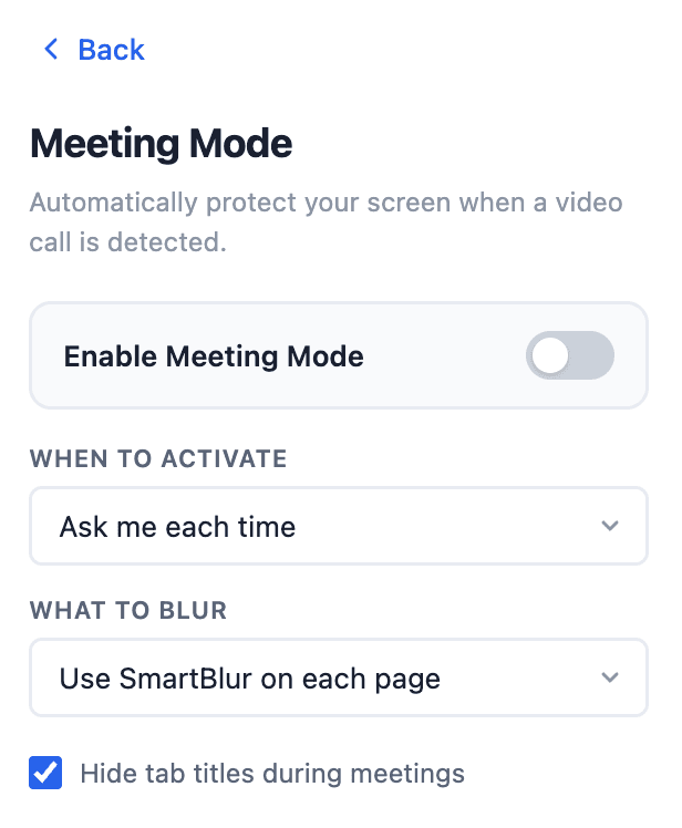 Meeting Mode settings showing activation and blur options