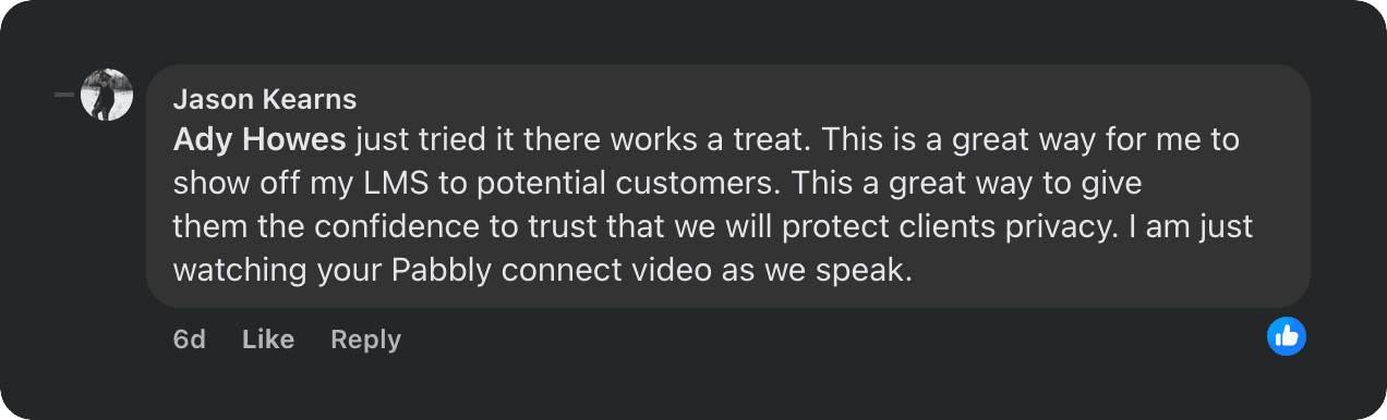 Facebook comment from Jason Kearns describing how Safe Screen Share helps him show off his LMS to potential customers without leaking client data